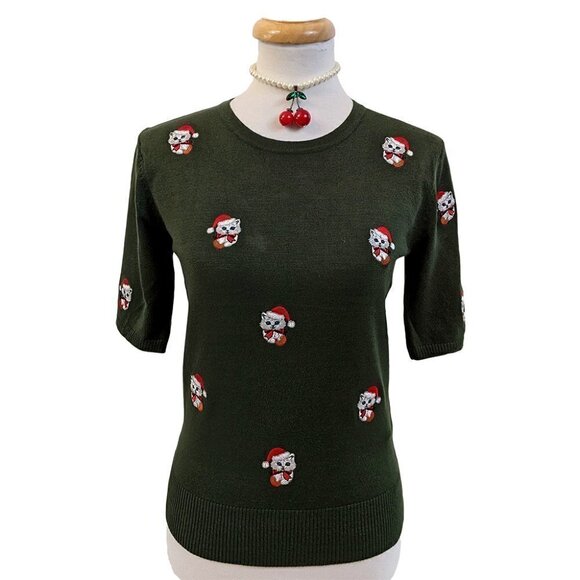 Banned Holly Cat Pullover Sweater in Green - Picture 4 of 5